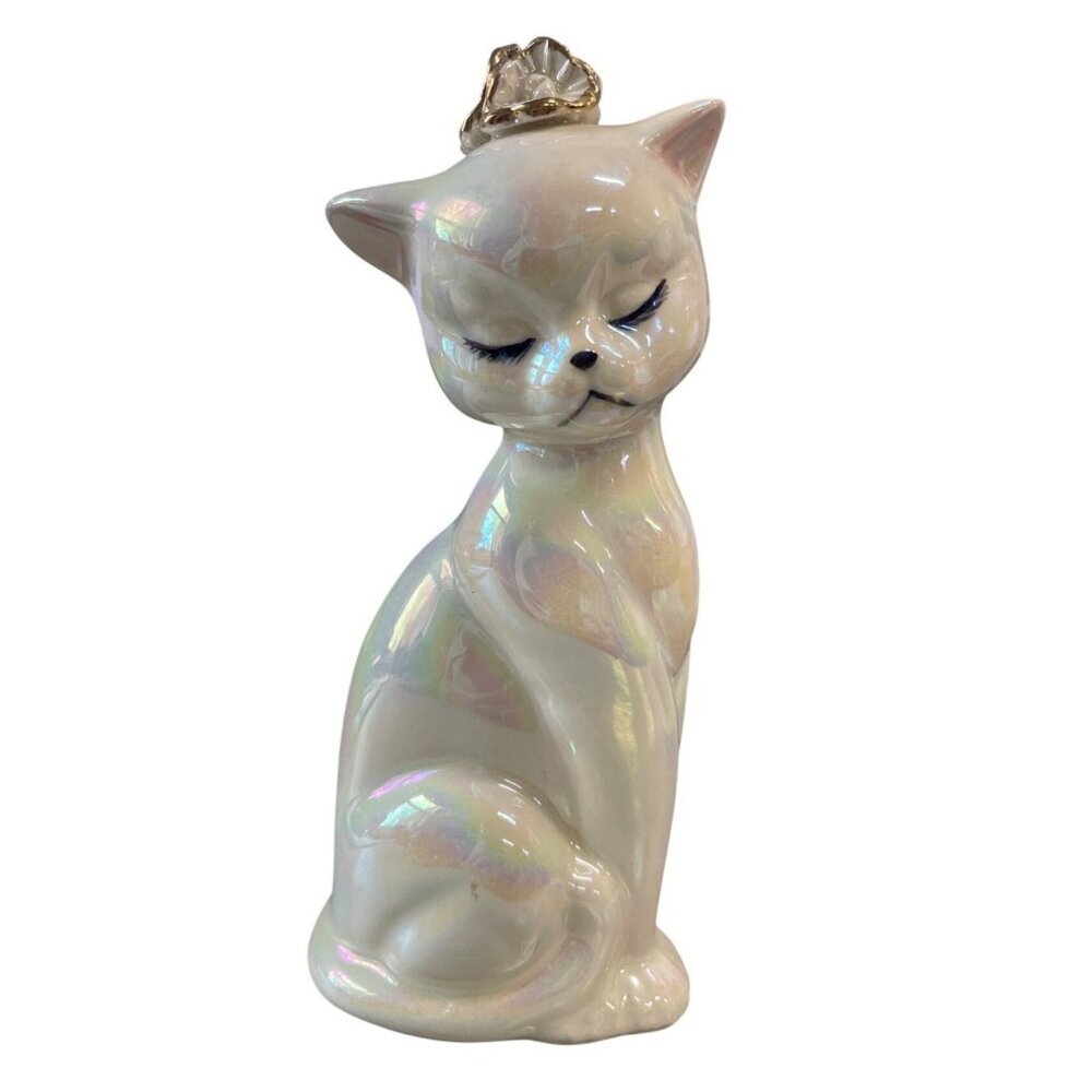 Vintage Ceramic Cat Figurine Lusterware Iridescent Finish‎ Gold Crown Headpiece